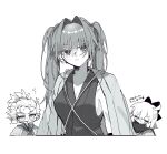 1boy 2girls black_bow black_kimono black_scarf blush bow closed_eyes fate/grand_order fate_(series) forked_eyebrows genderswap genderswap_(mtf) greyscale hair_bow hair_intakes haori haori_on_shoulders harada_sanosuke_(fate) harada_sanosuke_(teal_haori_and_hakama)_(fate) high_ponytail highres japanese_clothes kimono medium_sideburns monochrome multiple_girls nagakura_shinpachi_(fate) nagakura_shinpachi_(third_ascension)_(fate) okita_souji_(fate) okita_souji_(third_ascension)_(fate) ponytail scar scar_on_cheek scar_on_face scarf shinsengumi_(fate) simano_858 simple_background sleeveless sleeveless_kimono translated twintails white_background 