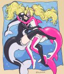 absurd_res blonde_hair cetacean clothing diaper dolphin duo female female/female fish floofnfluff hair hi_res holding_each_other holding_partner humanoid living_tail long_hair mammal marine object_in_mouth oceanic_dolphin onesie orca orca_diaper pacifier pacifier_in_mouth pink_body pointy_ears shark sleeping tail tail_head toothed_whale unusual_anatomy unusual_tail