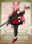  1girl alternate_costume anti-materiel_rifle antlers bag bangs bell black_legwear blush breasts christmas coat commentary_request girls_frontline gun holding long_hair looking_at_viewer ntw-20 ntw-20_(girls_frontline) official_art pantyhose pink_eyes pink_hair ran_(pixiv2957827) red_coat red_footwear reindeer_antlers rifle shoulder_bag sniper_rifle solo very_long_hair weapon 