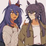  2girls animal_ears bandaid bandaid_on_face bandaid_on_nose black_hair blush breasts brown_jacket closed_mouth dark-skinned_female dark_skin ear_ornament ear_scrunchie fang hair_between_eyes hair_ornament hairclip highres hishi_amazon_(umamusume) horse_ears horse_girl hwipa_(param_blue) jacket long_hair long_sleeves multiple_girls narita_brian_(umamusume) open_mouth pants ponytail red_eyes red_scrunchie ribbed_sweater scrunchie shirt simple_background smile striped_clothes striped_scrunchie sweater umamusume upper_body very_long_hair white_shirt white_sweater yellow_eyes 