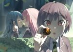  3girls absurdres bang_dream! bang_dream!_it's_mygo!!!!! blue_hair brown_hair chihaya_anon collared_shirt green_necktie grey_jacket hair_ribbon haneoka_school_uniform highres jacket kiss leaf long_hair long_sleeves multiple_girls necktie open_mouth pink_hair ribbon rock school_uniform shiny_eyes shirt short_hair striped_necktie takamatsu_tomori togawa_sakiko twintails yuri zs 