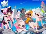  1boy 6+girls agent_3_(splatoon) ass bikini bikini_shorts blue_sky breasts callie_(splatoon) captain_3_(splatoon) dark-skinned_female dark_skin earrings fangs frilled_bikini frills frye_(splatoon) harmony_(splatoon) inkling_girl inkling_player_character jewelry looking_at_viewer marie_(splatoon) marina_(splatoon) multiple_girls octoling_boy octoling_player_character one-piece_swimsuit open_mouth pearl_(splatoon) pointy_ears rock shiver_(splatoon) shorts sky smallfry_(splatoon) soy-chan splatoon_(series) splatoon_1 splatoon_2 splatoon_3 swimsuit tentacle_hair water 