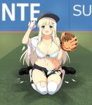  1girl :d aqua_eyes ball baseball baseball_(object) baseball_cap baseball_field baseball_mitt baseball_uniform black_shoes black_shorts blonde_hair blurry blush bra breasts cleavage collarbone depth_of_field frilled_bra frilled_panties frills grass green_hair_ornament hair_ornament hairclip hat holding holding_ball large_breasts linea_alba long_hair looking_at_viewer navel non-web_source official_art open_mouth panties red_trim ribbon-trimmed_bra ribbon-trimmed_panties ribbon_trim senran_kagura senran_kagura_new_wave senran_kagura_shoujo-tachi_no_shin'ei shirt shoes shorts smile solo sportswear teeth thighhighs tongue torn_clothes torn_shirt torn_shorts torn_thighhighs underwear upper_teeth_only white_bra white_panties white_shirt white_thighhighs yomi_(senran_kagura) 