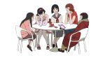  6+girls black_hair brown_hair brown_shoes chair coat creator_connection elbow_gloves fujiwara_chiyoko gloves hairband highres idol_clothes jinou_rakugaki kirigoe_mima maromi medium_hair miyuki_(tokyo_godfathers) mousou_dairinin multiple_girls neckerchief paprika paprika_(character) perfect_blue pink_hairband red_coat red_neckerchief red_shirt ririco_(yumemiru_kikai) sagi_tsukiko sandals school_uniform sennen_joyuu shirt shoes simple_background sitting table tokyo_godfathers white_background yumemiru_kikai 