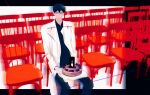  1boy black_hair black_shirt cake candle coat collared_shirt commentary_request feet_out_of_frame food grin holding holding_plate kim_dokja letterboxed lonely looking_at_viewer male_focus omniscient_reader's_viewpoint open_clothes open_coat outside_border plate shirt short_hair sitting smile solo tix_0314 white_coat 