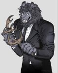 5_fingers agata_(beastars) anthro beastars black_body black_fur black_mane black_nose claws clothed clothed_anthro clothed_male clothing felid fingers fur hi_res holding_antler humanoid_hands lion male mammal mane pantherine simple_background solo wakimichiii white_background
