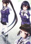  3girls black_hair black_skirt blunt_bangs boots braid braided_bun breasts brown_eyes brown_hair collared_shirt commentary_request dress_shirt full_body gloves grey_boots haguro_(kancolle) haguro_kai_ni_(kancolle) hair_bun hair_ornament hairclip ishihara_masumi jacket kantai_collection long_hair medium_breasts military_uniform multiple_girls myoukou_(kancolle) myoukou_kai_ni_(kancolle) nachi_(kancolle) nachi_kai_ni_(kancolle) pantyhose pencil_skirt profile purple_jacket sailor_collar shirt shoes short_hair simple_background skirt thick_eyebrows upper_body very_long_hair white_background white_glovds white_gloves white_pantyhose white_sailor_collar white_shirt 