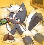  bed blue_eyes blush butt clothing cub fart food fur hair kambu_the_skunk male mammal mephitid nintendo nintendo_switch presenting presenting_hindquarters riroburo skunk smell solo sweet_potato underwear vegetable video_games white_fur young 