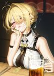  1girl absurdres ahoge arm_strap bare_shoulders beer_mug between_breasts black_choker blonde_hair blurry blurry_background blush braid braided_bun breasts choker collared_shirt commentary_request cup drooling drunk evelyn_chevalier eyes_visible_through_hair fingernails hair_bun hair_intakes hair_over_one_eye head_rest highres holding holding_cup izakaya kkuni korean_commentary large_breasts mug necktie necktie_between_breasts no_jacket open_mouth purple_eyes ring_hair_ornament shirt short_hair solo squeans white_shirt yellow_necktie zenless_zone_zero 