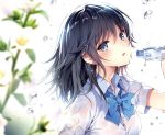  bangs black_hair blue_eyes blue_neckwear bottle bow bowtie breasts collared_shirt eyebrows eyebrows_visible_through_hair flower holding looking_at_viewer looking_to_the_side medium_breasts nardack original shirt simple_background solo white_background white_shirt 