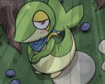  3_fingers ambiguous_gender bandanna berry blush food fruit grass high-angle_view lidded_eyes looking_at_viewer nintendo pok&eacute;mon pok&eacute;mon_(species) pokehidden smile snivy solo standing tree video_games 