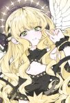  1girl :d above-cleavage_cutout ahoge black_dress blonde_hair breasts cleavage clothing_cutout commentary curly_hair dress feathered_wings green_eyes grin hair_over_shoulder hair_ribbon halo halo_behind_head hand_up highres long_hair looking_at_viewer ming_hj0707 omniscient_reader's_viewpoint ribbon shoulder_cutout smile solo spiked_halo symbol-only_commentary upper_body uriel_(omniscient_reader's_viewpoint) very_long_hair white_wings wings wrist_cuffs 