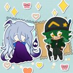  2boys absurdly_long_hair ahoge androgynous ankle_boots black_boots black_gloves black_helmet black_shirt blue_background blue_hair blue_scarf boots bow cheek_tattoo chibi chibi_only chinese_commentary cloak closed_mouth collared_jacket commentary_request cookie_run double-parted_bangs fingerless_gloves floral_background flower full_body gatling_pea_(plants_vs._zombies) gloves gradient_hair green_hair green_jacket green_pants gun hair_between_eyes hand_on_own_hip heart helmet highres holding holding_gun holding_weapon jacket jitome lace-up_boots lanyard long_hair looking_at_another male_focus medium_hair multicolored_hair multiple_boys no_pupils open_clothes open_jacket orange_flower outline pants parody personification pink_bow plants_vs._zombies plants_vs._zombies_2 purple_cloak purple_hair scarf shadow_peashooter_(plants_vs._zombies) shirt short-sleeved_jacket short_sleeves siiiiiiiiiii simple_background smile sparkle_background standing star_(symbol) star_print style_parody tattoo trap two-tone_hair very_long_hair weapon white_eyes white_flower white_outline yellow_eyes 