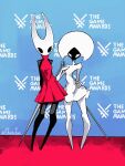  absurdres arthropod_girl black_skin cloak colored_skin commentary dress english_commentary full_body highres hollow_eyes hollow_knight hollow_knight:_silksong horned_mask hornet_(hollow_knight) lace_(hollow_knight) looking_at_viewer mask nail_(hollow_knight) needle_(hollow_knight) red_cloak shantysixix the_game_awards white_mask 
