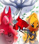  4girls aged_down arthropod_girl bee_girl black_eyes black_skin child cloak closed_eyes colored_skin commentary english_commentary everbloom_(hollow_knight) extra_eyes flower herrah_(hollow_knight) highres hive_queen_vespa_(hollow_knight) holding holding_flower holding_weapon hollow_eyes hollow_knight hollow_knight:_silksong horned_mask hornet_(hollow_knight) mask miikrowelle mother_and_daughter multiple_girls red_cloak weapon white_flower white_lady_(hollow_knight) white_mask yellow_skin 