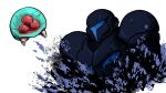  alien armor assault_visor black_armor blue_visor commentary_request dark_samus fangs helmet metroid metroid_(creature) metroid_larva metroid_prime_3:_corruption power_armor science_fiction simple_background wakaba_(wata_ridley) white_background 