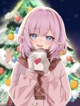  1girl alternate_costume blue_eyes blush breasts christmas christmas_tree commentary dated elf elysia_(honkai_impact) english_text gloves hair_between_eyes heart highres holding holding_letter honkai_(series) honkai_impact_3rd letter looking_at_viewer night open_mouth pink_hair pink_sweater pointy_ears red_scarf scarf short_hair signature sky smile snowflakes snowing solo sweater teeth upper_body upper_teeth_only winter_gloves zerosama_(sailuojiang) 