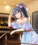  1girl against_railing alcohol bar_(place) bar_stool bare_shoulders black_hair blue_dress blue_eyes blue_ribbon blush bottle breasts butterfly_ornament ceiling_light champagne champagne_flute cloud collarbone counter cowboy_shot cup dot_nose dress drinking_glass flower formal_clothes game_cg gradient_ribbon hair_flower hair_ornament hair_ribbon hand_up hanging_light high_ponytail indoors long_hair night off-shoulder_dress off_shoulder official_art open_mouth picture_frame ponytail print_dress purple_ribbon railing red_flower red_pupils red_rose ribbon rose searching sidelocks small_breasts smile solo stool teeth third-party_source toji_no_miko toji_no_miko:_kizamishi_issen_no_tomoshibi upper_teeth_only very_long_hair white_flower white_rose window wine_bottle yamashiro_yui 