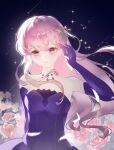  1girl absurdres adjusting_hair bare_shoulders beads brown_eyes chinese_commentary closed_mouth commentary_request cowboy_shot crossed_bangs dot_nose dress elbow_gloves feathers field floating_hair flower flower_field gloves hair_beads hair_between_eyes hair_ornament hand_in_own_hair happy hebo_(xinjinjumin299393807253) highres infinity_nikki jewelry light_blush light_particles long_sidelocks looking_at_viewer loose_hair_strand necklace night nikki_(nikki) nikki_(series) outdoors pink_flower pink_rose purple_dress purple_gloves rose shooting_star sidelocks sky smile solo sparkle star_(sky) star_(symbol) star_hair_ornament star_necklace star_sea_(nikki) starry_sky strapless strapless_dress wavy_hair wind 