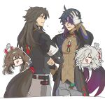  2boys ahoge angry animal_ears bandages belt black_hair blade_(honkai:_star_rail) brown_hair chibi chinese_clothes crossed_arms droopy_ears english_commentary fluffy_tail fox_boy fox_ears fox_tail gloves gradient_hair hair_ornament hair_ribbon hand_on_own_hip highres honkai:_star_rail honkai_(series) jacket jing_yuan long_hair multicolored_hair multiple_boys netoii pants parted_bangs ribbon shirt tail white_background white_shirt ye_shiyuan ye_shunguang zenless_zone_zero 