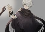  bandages bracelet cloak grey_hair hair_over_one_eye jewelry looking_at_viewer octopath_traveler open_mouth scarf short_hair simple_background solo therion_(octopath_traveler) white_hair wspread 