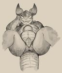  anthro anus balls daftpatriot deathclaw fallout greyscale horn looking_at_viewer male monochrome nude perineum presenting scalie solo video_games 