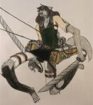 absurd_res anthro attack_on_titan belt_buckle belt_harness blade bottomwear brown_body brown_hair brown_nose buckle cable canid canine canis clothing dylanaildon_no_2 fighting_pose gas_cylinder grappling_hook hair heterochromia hi_res keidran kilt mammal melee_weapon natani omni-directional_mobility_gear pose shirt simple_background snarling spats superabsurd_res sword t-shirt topwear traditional_media_(artwork) trans_(lore) trans_man_(lore) turbine twokinds vest weapon white_bottomwear white_clothing wolf