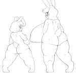  2018 anthro areola big_breasts big_butt blush breasts butt duo female granbun hair huge_breasts huge_butt lagomorph line_art looking_at_viewer looking_back mammal mcsweezy monochrome nipples rabbit rear_view short_hair simple_background smile standing sweat tongue tongue_out voluptuous white_background wide_stance 