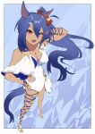  1girl absurdres animal_ears blue_hair breasts casual_one-piece_swimsuit chia_ikaruga commentary_request dark-skinned_female dark_skin ear_scrunchie from_above full_body hair_between_eyes highres hishi_amazon_(umamusume) horse_ears horse_girl horse_tail medium_breasts one-piece_swimsuit perspective red_eyes smile solo swimsuit tail umamusume 