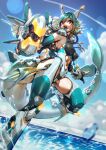  1girl aqua_hair armored_boots boots breasts brown_hair clothing_cutout commentary_request elbow_gloves facial_mark fingerless_gloves fins fish_tail gloves gradient_hair hair_between_eyes head_fins headgear highres kionaoki large_breasts mecha_musume multicolored_hair navel navel_cutout open_mouth original red_eyes short_hair skin_tight solo tail water 