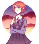  1girl arm_freckles body_freckles breast_pocket closed_mouth cloud collared_shirt commentary crossed_arms danganronpa_(series) danganronpa_2:_goodbye_despair dress english_commentary eyelashes fishyaa freckles highres koizumi_mahiru necktie pinafore_dress plaid_clothes plaid_necktie pocket red_hair shirt shirt_under_dress short_hair short_sleeves sky sleeveless sleeveless_dress smile solo star_(sky) third-party_source white_shirt 