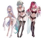  3girls absurdres baobhan_sith_(fate) bare_shoulders black_bow black_bra black_panties black_thighhighs blue_eyes blush bow bra braid breasts choker cleavage commentary_request earrings fate/grand_order fate_(series) forked_eyebrows full_body garter_belt grey_eyes grey_hair hair_bow highres jewelry lace-trimmed_bra lace-trimmed_garter_belt lace-trimmed_panties lace_trim large_breasts long_hair looking_at_viewer melusine_(fate) mishiro_(ixtlolton) morgan_le_fay_(fate) multiple_girls navel open_mouth panties pink_hair pointy_ears ponytail red_nails shirt shoes sidelocks simple_background small_breasts smile standing thighhighs tiara underwear underwear_only unworn_shirt very_long_hair white_background white_bra white_hair white_panties white_shirt white_thighhighs yellow_eyes 