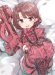  asymmetrical_bangs bandana bangs blush boots brown_hair bullpup camouflage commentary cross-laced_footwear eyebrows_visible_through_hair eyelashes fur-trimmed_gloves fur_trim gloves gun highres holding holding_gun holding_weapon knee_pads lace-up_boots legs_folded llenn_(sao) looking_at_viewer lying no_hat no_headwear on_back open_mouth p-chan_(p-90) p90 pants parted_bangs pink_gloves pink_pants purple_eyes short_hair signature solo submachine_gun sword_art_online sword_art_online_alternative:_gun_gale_online takenoko_no_you weapon 