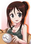 :d bangs black_shirt breasts brown_hair character_request cleavage collarbone covered_nipples girls_und_panzer grey_eyes hair_between_eyes hair_bun hanzou highres looking_at_viewer medium_breasts open_mouth parted_bangs shirt sideboob sidelocks sleeveless sleeveless_shirt smile solo tied_hair upper_body 