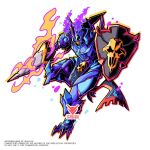  armor asymmetrical_dual_wielding craniummon digimon digimon_(creature) double-sided_polearm dual_wielding full_body helmet highres holding holding_polearm holding_shield holding_weapon polearm purple_armor purple_helmet red_eyes shield simple_background vh20/20 weapon white_background 