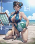  1girl absurdres artist_name ball bare_legs bare_shoulders beach beach_chair beach_umbrella beachball blue_nails blue_one-piece_swimsuit blue_sky breasts brown_eyes brown_hair casual_one-piece_swimsuit center_opening chun-li cleavage cloud commentary_request cooler day double_bun flower full_body hair_bun hair_flower hair_ornament highres holding holding_ball large_breasts looking_at_viewer midriff nail_polish navel ocean official_alternate_costume one-piece_swimsuit outdoors sand sandals shiny_skin sky solo squatting street_fighter street_fighter_6 swimsuit thighs toenail_polish toenails toes tomo_eokaiteru umbrella 