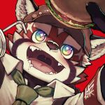  1boy armband batten_xxxx brown_hat burger drinking_straw drooling food furry furry_male green_neckerchief hashtag-only_commentary hat hungry multicolored_eyes neckerchief open_mouth rainbow_eyes red_armband red_background red_panda_boy sharp_teeth simple_background solo sparkling_eyes teeth tokyo_afterschool_summoners upper_body uvula zhurong_(housamo) 