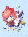  1girl artist_name blue_background blue_eyes blue_skirt bow brown_sweater_vest cellphone cellphone_charm charm_(object) chibi chibi_only commentary copyright_notice doki_doki_literature_club doki_doki_literature_club_school_uniform english_commentary flying_sweatdrops grey_jacket hair_bow highres jacket open_mouth phone pink_hair polka_dot polka_dot_background red_bow satchely sayori_(doki_doki_literature_club) school_uniform shoes skirt smartphone socks solo spoken_flying_sweatdrops sweater_vest tears white_shoes white_socks 