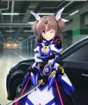  1girl armor armored_dress black_car black_gloves blue_armor brown_eyes brown_hair car clenched_teeth cosplay cowboy_shot dot_nose dress fingerless_gloves game_cg gem gloves hair_ribbon hand_on_own_arm holding holding_sword holding_weapon inami_suu indoors katana long_sleeves looking_at_viewer lyrical_nanoha mahou_shoujo_lyrical_nanoha_detonation motor_vehicle official_art one_eye_closed parking_garage parted_bangs red_gemstone ribbon short_hair short_twintails solo sword takamachi_nanoha takamachi_nanoha_(cosplay) takamachi_nanoha_(formula_ii) teeth third-party_source toji_no_miko toji_no_miko:_kizamishi_issen_no_tomoshibi twintails weapon white_ribbon 