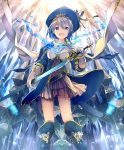  :d artist_request blue_eyes blue_hair boots capelet cygames eyebrows_visible_through_hair frills gem gloves gold_trim hat hat_ribbon knee_boots miriam_(shadowverse) open_mouth ribbon shadowverse sheath shingeki_no_bahamut short_hair smile sword unsheathing weapon 