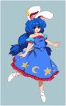  blue_dress blue_hair bunny_ears commentary_request crescent dress ear_clip long_hair lowres moon_rabbit red_eyes seiran_(touhou) star takorin touhou very_long_hair 
