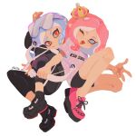  2girls ;o absurdres artist_logo black_pants black_shoes black_shorts blue_eyes blue_hair bow_(weapon) clothes_writing commentary crown elf elysia_(honkai_impact) english_commentary herrscher_of_corruption highres holding holding_bow_(weapon) holding_weapon honkai_(series) honkai_impact_3rd inkling_player_character logo long_hair mararu multicolored_hair multiple_girls one_eye_closed orange_eyes pants parody pink_hair pink_shirt pink_shoes pointy_ears shirt shoes shorts simple_background splatoon_(series) style_parody two-tone_hair weapon white_background white_hair 