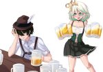  1boy 1girl absurdres alcohol alternate_costume aqua_eyes bare_shoulders beer beer_mug black_choker black_skirt blush bow brown_hat cecilia_immergreen choker closed_mouth collarbone collared_shirt commentary corset cup diamond-shaped_pupils diamond_(shape) doll_joints english_commentary eyelashes german_clothes gold_bow green_corset green_eyes green_hair green_pupils hair_between_eyes hair_bow hair_over_one_eye hand_on_own_head hat hat_feather head_rest highres holding holding_cup hololive hololive_english joints medium_hair monotoxy mug multicolored_hair oktoberfest open_mouth shirt short_hair short_sleeves simple_background skirt smile standing suspenders symbol-shaped_pupils table teeth two-tone_hair upper_teeth_only vedal987 vedal_ai virtual_youtuber white_background white_hair white_shirt winding_key wooden_table 
