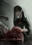  1girl arai_bokuseki black_eyes black_hair black_serafuku blank_stare blood blood_on_hands blood_on_knife blood_splatter blunt_bangs chest_bow cleaver commentary_request cowboy_shot cutting_board faucet highres holding holding_cleaver knife long_hair original school_uniform serafuku sink 