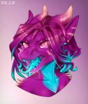  2018 anthro biped blue_hair blue_scales blue_teeth blue_tongue bust_portrait colored_nails dragon eyelashes female grey_background hair horn long_hair multicolored_hair multicolored_scales open_mouth pink_nails portrait purple_ears purple_eyes purple_hair purple_scales radiant_scar reptile scales scalie selianth_(character) sharp_teeth simple_background slit_pupils solo teeth two_tone_hair two_tone_scales 