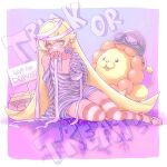  1girl arm_support aviator_cap back_bow bandaged_head bandages black_helmet blonde_hair blue_shirt blush border bow breasts closed_mouth collarbone detached_sleeves different_shadow donut dot_nose expressionless eyes_visible_through_hair flipped_hair food food_in_mouth full_body goggles goggles_on_headwear hair_between_eyes hair_flaps halloween hand_up helmet highres leggings legs_together long_hair long_sleeves looking_at_viewer monogatari_(series) mouth_hold open_mouth oshino_shinobu pastry_box pon_de_lion pon_de_ring purple_background purple_theme red_leggings red_shoes s0ul20 shadow shirt shoes shoulder_blush sign signature sitting sleeves_past_fingers sleeves_past_wrists small_breasts striped_clothes striped_leggings striped_shirt thigh_blush trick_or_treat very_long_hair white_border white_leggings white_shirt yokozuwari 