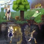  1boy 3girls ahoge animal_ears armor arms_behind_head asymmetrical_legwear bell black_hair black_pants black_skirt blank_eyes blue_shirt blue_skirt boots breastplate brown_boots brown_coat brown_shoes brown_socks burning burning_building cardigan cat_ears cat_girl clenched_hands closed_eyes coat collared_shirt commentary cow_ears cow_girl cow_horns cow_print_socks cow_tail creeper crelly_(vtuber) crying crying_with_eyes_open day drawstring english_commentary english_text filian_(vtuber) fire green_hair green_hoodie hair_bell hair_between_eyes hair_ornament hair_ribbon hand_on_own_hip highres holding holding_pickaxe hood hoodie horns hunched_over leg_armor loafers long_hair lying minecraft miniskirt multiple_girls neck_bell neck_ribbon neuro-sama nightmaremask07 on_back on_grass open_mouth outdoors pants partially_underground_shot pickaxe pleated_skirt raised_eyebrows ribbon school_uniform serafuku shirt shoes skirt smile socks stairs standing stone_stairs stone_wall tail tears teeth torch tree turtleneck two_side_up underground upper_teeth_only vedal_ai village walking white_hair white_shirt x_hair_ornament yellow_cardigan 