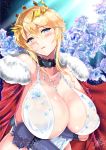  ahoge artoria_pendragon_(all) artoria_pendragon_(lancer) artoria_pendragon_(lancer_alter) artoria_pendragon_(lancer_alter)_(cosplay) bangs bare_shoulders blue_gloves blurry blush braid breasts cape cleavage commentary_request cosplay covered_nipples crown depth_of_field elbow_gloves fate/grand_order fate_(series) floral_print flower french_braid fur-trimmed_cape fur_trim gloves green_eyes hair_between_eyes highres huge_breasts looking_at_viewer open_mouth puffy_nipples red_cape revealing_clothes rose rose_background rose_print royal_icing see-through shiny shiny_skin sideboob sidelocks solo swept_bangs upper_body wavy_mouth white_flower white_rose yasakani_an 