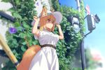  adjusting_clothes adjusting_hat animal_ear_fluff animal_ears arukiru belt blonde_hair blue_sky blurry commentary_request day depth_of_field dress ears_through_headwear flower fox_ears fox_girl fox_tail hat highres ivy medium_hair morning_glory original outdoors red_eyes road_sign short_sleeves sign sky solo sun_hat sweat tail traffic_light white_dress white_hat 