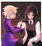  ... 2025 2girls ahoge artist_name black_hair black_necktie black_pantyhose blonde_hair braid braiding_another's_hair closed_mouth collared_shirt commentary english_commentary enid_sinclair freckles heart highres long_hair long_sleeves multicolored_hair multiple_girls necktie nevermore_academy_school_uniform pantyhose pink_skirt school_uniform shirt skirt smile striped_clothes the_addams_family twin_braids wednesday_(netflix) wednesday_addams yokonette 